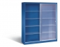 Preview: Glasschiebetürenschrank - Metallschrank mit Glastüren u. Glasböden Modell RON 2000 blau (geöffnet
