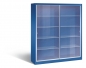Preview: Glasschiebetürenschrank - Metallschrank mit Glastüren u. Glasböden Modell RON 2000 blau (geschlossen