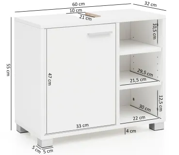 Breite: 60 cm - Höhe: 55 cm - Tiefe: 32 cm - Innenmaße Türfach (BxHxT): 33,5 x 47,5 x 29,5 cm - weitere Maße finden Sie in der Beschreibung und im Maßbild.