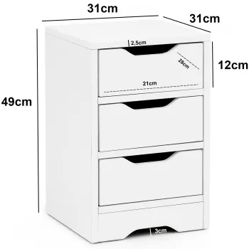 Breite: 31 cm - Höhe: 49 cm - Tiefe: 31 cm - Innenmaße je Schublade (BxHxT): 21 x 12 x 28 cm - Materialstärke: 2,5 cm