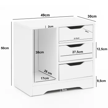 Breite: 49 cm - Höhe: 50 cm - Tiefe: 30 cm - Innenmaße je Schublade (BxHxT): 21,5 x 12,5 x 26 cm - Maße des Faches (BxHxT): 17 x 38 x 28 cm - Materialstärke: 2 cm
