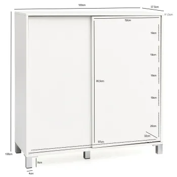 Breite: 100 cm - Höhe: 108 cm - Tiefe: 37,5 cm - Maße je Ablagefach (BxHxT): 97 x 19 x 32 cm - Materialstärke: 1,5 cm - Weitere Abmessungen finden Sie im Maßbild.
