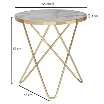 ABMESSUNGEN: Breite: 55 cm - Höhe: 57 cm - Tiefe: 55 cm - Tischplatte: Ø 52 cm - Tischplattenstärke: 3,5 cm - Maximale Belastbarkeit: 3 kg - Weitere Abmessungen finden Sie im Maßbild.