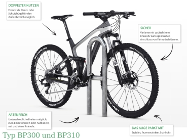 Bügel-Fahrradständer mit 270, 350 u. 650 mm Breite Typ BP300 u. BP310