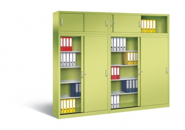 Schiebetüren-Büroschränke aus Möbelstahl mit Aufsatzschränke (Schiebentürenschränke) grün/grün