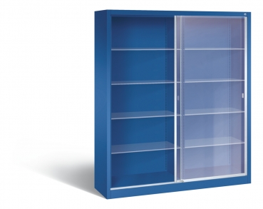 Glasschiebetürenschrank - Metallschrank mit Glastüren u. Glasböden Modell RON 2000 blau (geöffnet