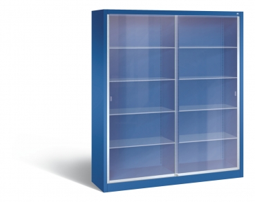 Glasschiebetürenschrank - Metallschrank mit Glastüren u. Glasböden Modell RON 2000 blau (geschlossen