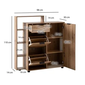 Gewicht: 24 kg - Abmessung: 115 x 45 x 16 cm - Farbe: Braun - Details: Korpus: folierte Spanplatte in Eiche-Optik Griffe: pulverbeschichtetes Eisen Beine: Kunststoff - Material: Spanplatte