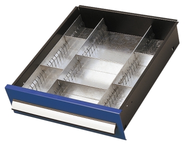Einteilungsset (Schubladenfront blau) für 125 x 500 mm Schubladen für Werkzeugschränke mit Mitteltrennwand