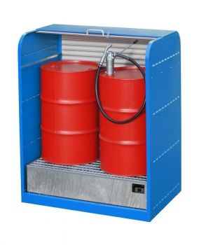 Gefahrstoffsschrank für 4 x 200 Liter Fässer mit Rollladen offen in blau