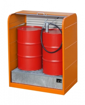 Gefahrstoffsschrank für 4 x 200 Liter Fässer mit Rollladen offen in orange