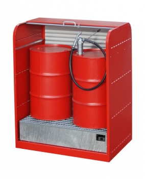 Gefahrstoffsschrank für 4 x 200 Liter Fässer mit Rollladen offen in rot