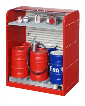 Gefahrstoffsschrank rot (offen) mit Rollladen für 6 x 60 Liter Fässer inkl. Zwischenboden