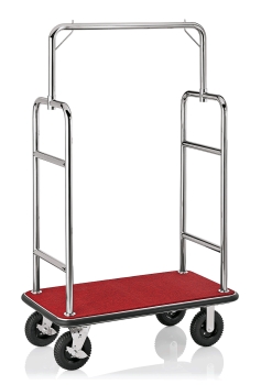 Gepäckwagen mit silberfarbenem Rohrrahmen und rotem Teppich