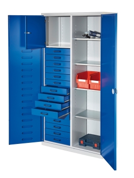 Materialschrank mit Schubladen Sortier-System Typ 1 mit Türen u. Schubladen in blau