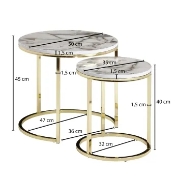 Großer Tisch: Breite: 50 cm, Höhe: 45 cm, Tiefe: 50 cm, Maximale Belastbarkeit: 5 kg - Kleiner Tisch: Breite: 35 cm, Höhe: 40 cm, Tiefe: 35 cm, Maximale Belastbarkeit: 3 kg.
