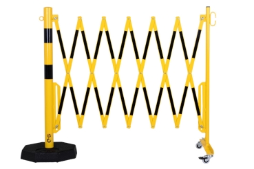 Stahl-Scherengitter 4,0  m mit Standpfosten u. Rollen gelb-schwarz
