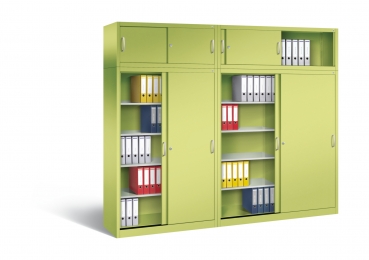 Büro Schiebentürenschränke aus Metall RON 2000 (500 mm tief) mit Aufsatzschränken grün/grün