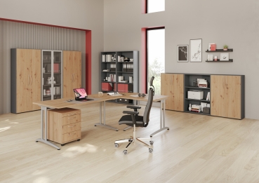 Schreibtisch mit Eckverbindung und Büroschränken vom Typ BC, Dekor asteiche/graphit