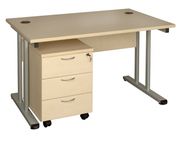 Preiswerte Büro Schreibtisch mit Sichtschutz und Rollcontainer in ahorn