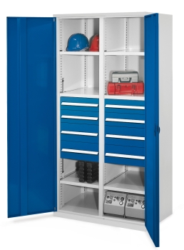 Schwerlast-Werkzeugschrank (Türen blau) Typ 54 mit Mitteltrennwand inkl. 8 Schubladen.
