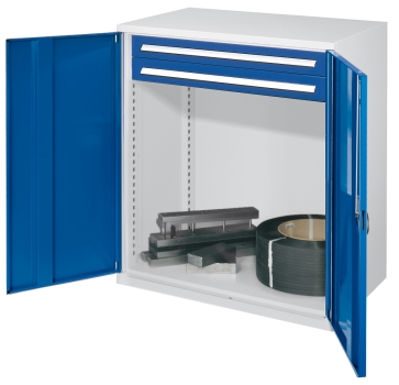 Schwerlast-Werkzeugschrank blau. Sortier-System Typ 64: Materialschrank mit 2 Schubladen, ohne Fachböden.