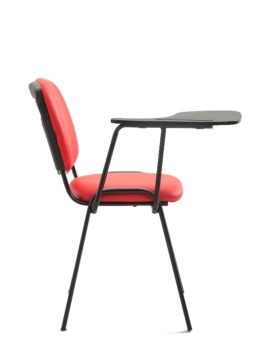 Konferenzstühle mit Schreibablage, in rotem Kunstleder, Gestell schwarz.