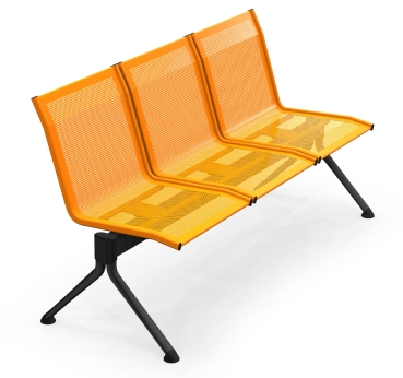 Metalltraversenbank Typ BMF005 mit 3 Sitzen, A-Fuß schwarz, Sitze in Sonderfarben orange.