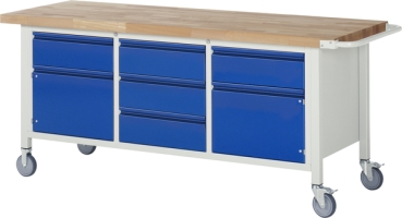 Rollbare Werkbank mit 5 Schubladen und zwei Schrankfächern. Werkbänke mit Rollen stehen für Mobilität u. Flexibilität am Arbeitsplatz.
