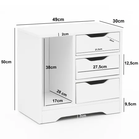 Breite: 49 cm - Höhe: 50 cm - Tiefe: 30 cm - Innenmaße je Schublade (BxHxT): 21,5 x 12,5 x 26 cm - Maße des Faches (BxHxT): 17 x 38 x 28 cm - Materialstärke: 2 cm Breite: 49 cm - Höhe: 50 cm - Tiefe: 30 cm - Innenmaße je Schublade (BxHxT): 21,5 x 12,5 x 26 cm - Maße des Faches (BxHxT): 17 x 38 x 28 cm - Materialstärke: 2 cm