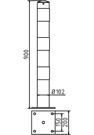 Skizze zum Absperrpfosten, Dübelbefestigung, Stahlrohr Ø 102 x 2,9 mm, Bodenplatte 200 x 200 mm