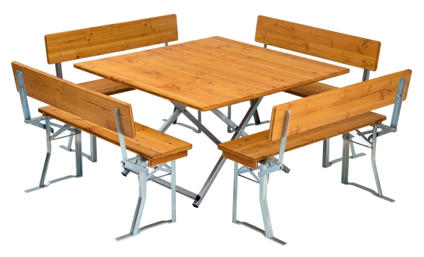 Quadratische Bierzeltgarnitur mit Tisch u. 4 Sitzbänken mit Rückenlehne (Douglasienholz)