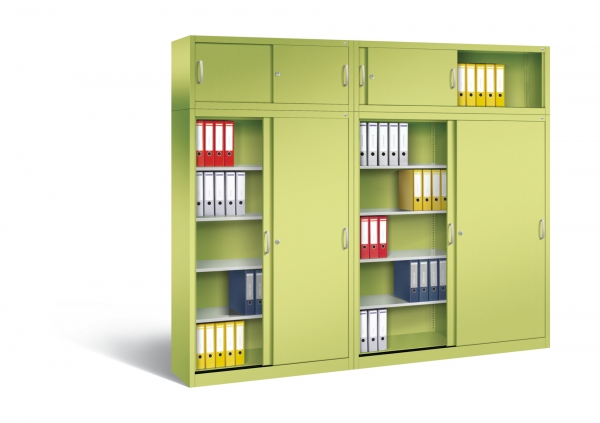 Büroschränke  (500 mm tief) mit Aufsatzschränke (Schiebentürenschränke) grün/grün
