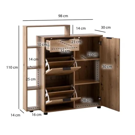 Gewicht: 24 kg - Abmessung: 115 x 45 x 16 cm - Farbe: Braun - Details: Korpus: folierte Spanplatte in Eiche-Optik Griffe: pulverbeschichtetes Eisen Beine: Kunststoff - Material: Spanplatte
