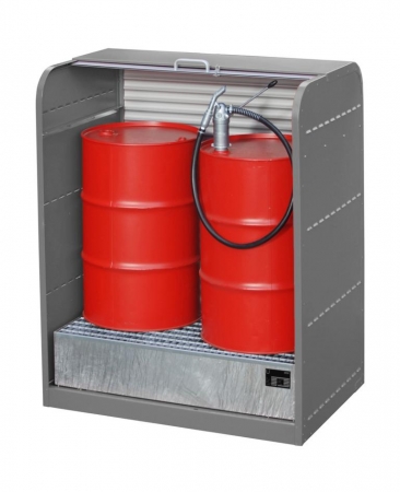 Gefahrstoffsschrank für 4 x 200 Liter Fässer mit Rollladen offen in grau