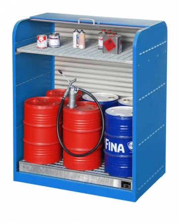 Gefahrstoffsschrank blau (offen) mit Rollladen für 6 x 60 Liter Fässer inkl. Zwischenboden
