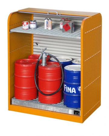 Gefahrstoffsschrank orange (offen) mit Rollladen für 6 x 60 Liter Fässer inkl. Zwischenboden