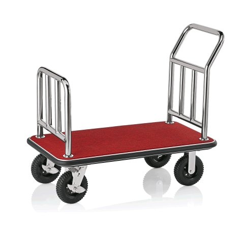 Widerstandsfähiger Gepäckwagen mit Edelstahlrohren u. rotem Teppichbelag.