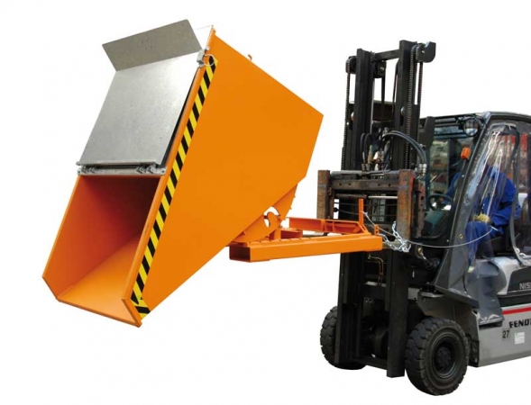 Kippcontainer für Stapler ca. 0,9 m³ Modell Tadeu orange beim Kippvorgang