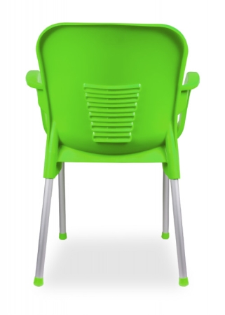 Grüne Kunststoffstühle mit Armlehnen (Rückseite), für Innen- u. Außenbereiche