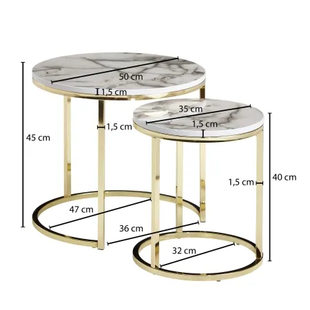 Großer Tisch: Breite: 50 cm, Höhe: 45 cm, Tiefe: 50 cm, Maximale Belastbarkeit: 5 kg - Kleiner Tisch: Breite: 35 cm, Höhe: 40 cm, Tiefe: 35 cm, Maximale Belastbarkeit: 3 kg. Großer Tisch: Breite: 50 cm, Höhe: 45 cm, Tiefe: 50 cm, Maximale Belastbarkeit: 5 kg - Kleiner Tisch: Breite: 35 cm, Höhe: 40 cm, Tiefe: 35 cm, Maximale Belastbarkeit: 3 kg.