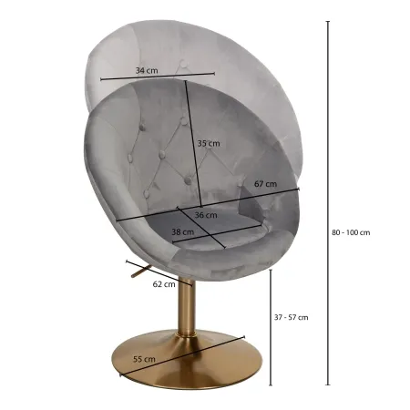 Breite: 67 cm - Höhe: 80 - 100 cm - Tiefe: 62 cm - Sitzfläche (BxT): 38 x 36 cm - Sitzhöhe: 37 - 57 cm - Durchmesser Trompetenfuß: 55 cm - Höhe Rückenlehne: 35 cm - Maximalbelastbarkeit: 120 kg.