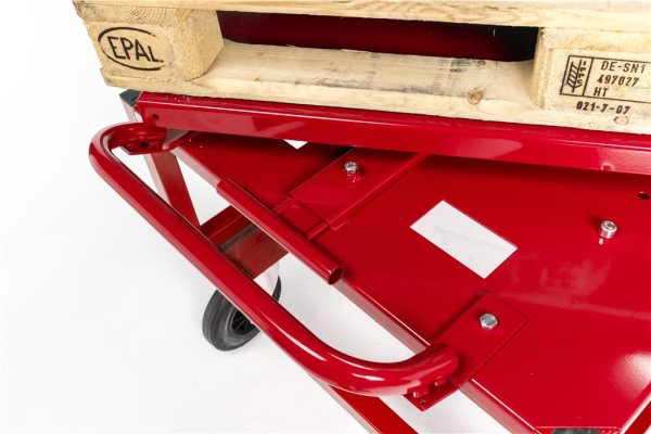 Multifunktionaler Palettenwagen als Tischwagen mit Drehplattform rot