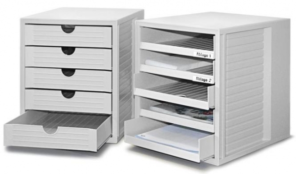 Schubladenboxen geschlossen u. offen für Büroschränke und Büroregale in grau