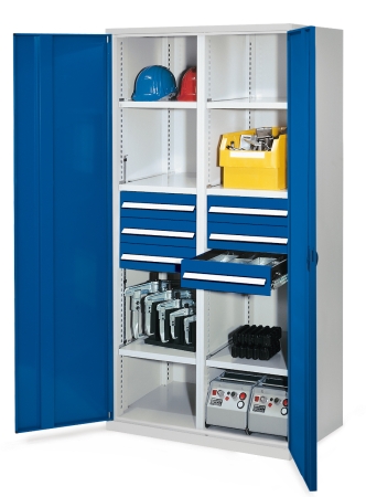 Schwerlast-Werkzeugschrank (Türen blau) Typ 53 mit Mitteltrennwand inkl. 6 Schubladen.