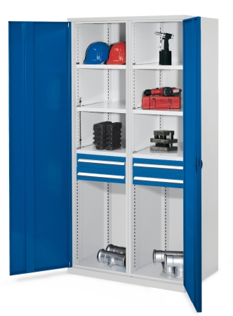 Schwerlast-Werkzeugschrank (Türen blau) Typ 56 mit Mitteltrennwand inkl. 4 Schubladen.