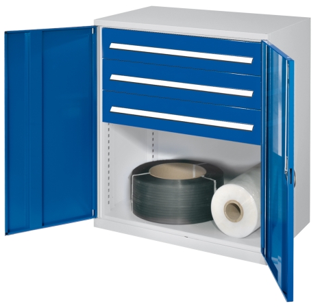 Schwerlast-Werkzeugschrank blau. Sortier-System Typ 67: Materialschrank mit drei Schubladen
