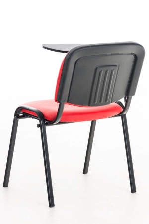 Seminarstühle mit Schreibablage, in rotem Kunstleder und Kunstoffabdeckung auf der Rückseite.