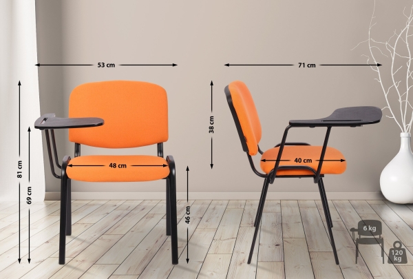 Seminarstühle mit Klapptisch (Abmessungen) und Stoffbezug orange