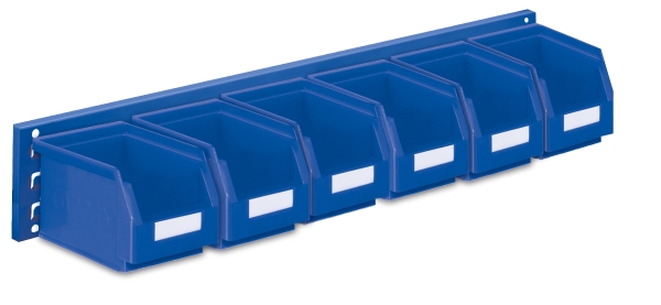 Sichtlagerkasten-Wandschiene (blau) mit 6 Sichtlagerkästen Typ 8